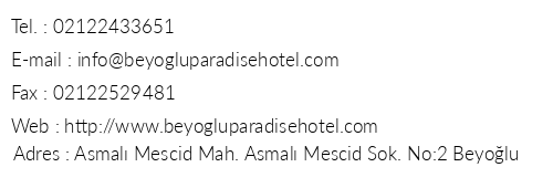 Beyolu Paradise Hotel telefon numaralar, faks, e-mail, posta adresi ve iletiim bilgileri